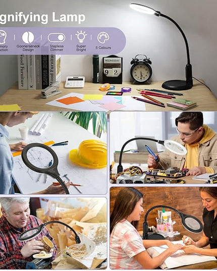 2-in-1 10X Magnifying Glass with Light and Stand, 5 Color Modes Stepless Dimmable LED Magnifying Clamp Lamp, Desk Lighted Magnifier Hands Free for Craft Close Work Sewing Painting Hobby, Black - LeafyLoom