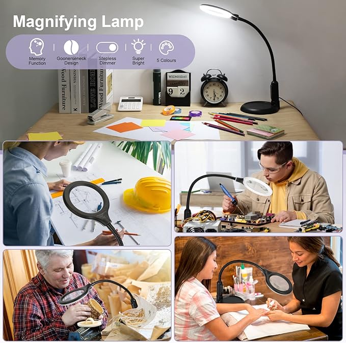 2-in-1 10X Magnifying Glass with Light and Stand, 5 Color Modes Stepless Dimmable LED Magnifying Clamp Lamp, Desk Lighted Magnifier Hands Free for Craft Close Work Sewing Painting Hobby, Black - LeafyLoom