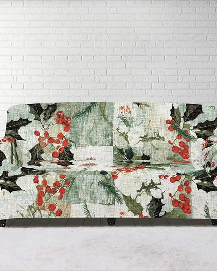FKELYI Christmas Sofa Cover Stretch Couch Covers Xmas Poinsettia Berry Printed Non Skid Cushion Couch Sofa Slipcover Furniture Protector-M FKELYI