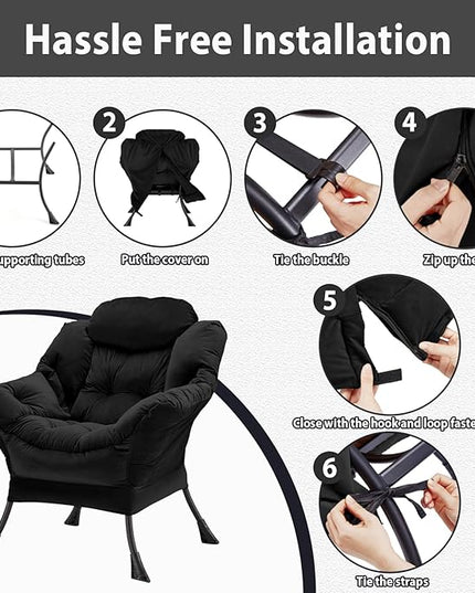 Lazy Chair Thick Padded, Accent Chair Velvet Upholstered with Wide Seat, Stable Metal Frame and Non-Slip Pad, Modern Sofa Armchair with Side Storage Bag for Dorm, Room, Office, Black - LeafyLoom