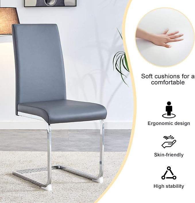 Modern Dining Chairs Set of 4, PU Faux Leather Backrest Cushioned Edge Chairs, Suitable for dining, kitchen, dressing table, terrace, Gray+PU - LeafyLoom