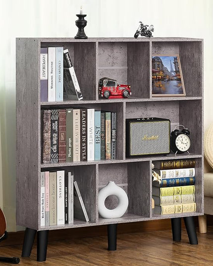 LEYAOYAO 8 Cube Bookshelf,Farmhouse Bookcase with Legs,Modern Dirty Grey Mid-Century Bookshelves,Large 3 Tier Open Storage Organizer Shelf, Retro Wood Display Book Case - LeafyLoom