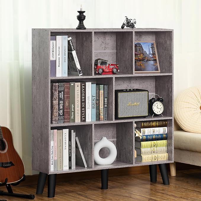 LEYAOYAO 8 Cube Bookshelf,Farmhouse Bookcase with Legs,Modern Dirty Grey Mid-Century Bookshelves,Large 3 Tier Open Storage Organizer Shelf, Retro Wood Display Book Case - LeafyLoom