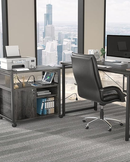 Unikito Rolling File Cabinet Lateral Office Filing Cabinets with Socket and USB Charging Port, Modern Printer Stand on Wheels Printer Cabinet with Door and Open Storage, Lockable, Black Oak - LeafyLoom