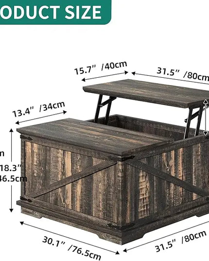 YITAHOME Farmhouse Lift Top Coffee Table, Square Wood Center Table with Large Hidden Storage Compartment for Living Room, Rustic Cocktail Table with Lift Top for Home Office,Dark Rustic Oak - LeafyLoom