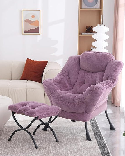 Lazy Chair with Ottoman, Modern Accent Chair Contemporary Lounge Leisure Upholstered Sofa Chair Set with Armrests, Reading Chair for Living Room, Bedroom, Office, Plush Purple - LeafyLoom