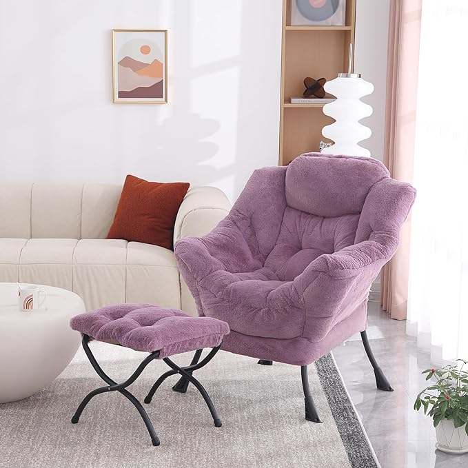 Lazy Chair with Ottoman, Modern Accent Chair Contemporary Lounge Leisure Upholstered Sofa Chair Set with Armrests, Reading Chair for Living Room, Bedroom, Office, Plush Purple - LeafyLoom