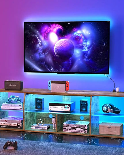 VECELO LED Gaming TV Stand with Power Outlets Television Cabinet with 7 Open Storage Shelves, Industrial Entertainment Center for Living Room and Bedroom, Light Brown, 70inch - LeafyLoom