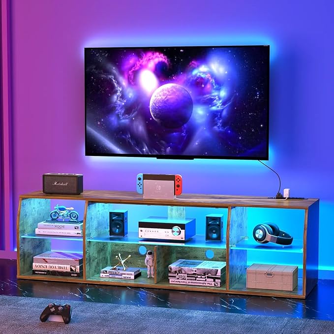 VECELO LED Gaming TV Stand with Power Outlets Television Cabinet with 7 Open Storage Shelves, Industrial Entertainment Center for Living Room and Bedroom, Light Brown, 70inch - LeafyLoom