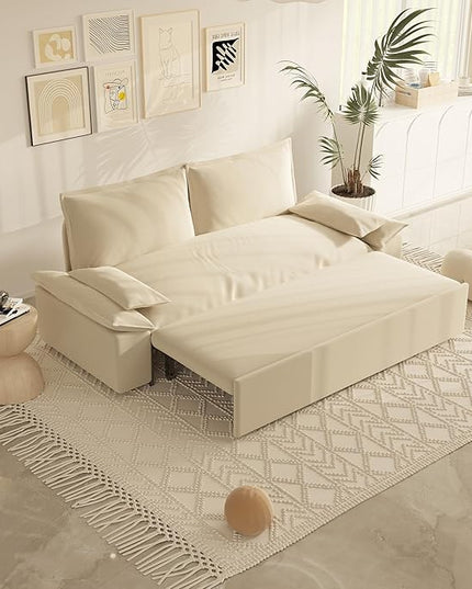 3 in 1 Oversized Love Seat Sofá Convertible Queen Size Sofabed with 2 Lumbar Pillows, Loveseat Sofa W/Pull Out Sleeper Couch Bed for Home,Office,Apartment,RV Living Room, 70.1", Beige - LeafyLoom