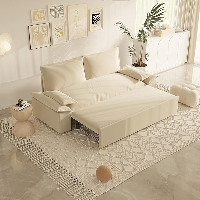 3 in 1 Oversized Love Seat Sofá Convertible Queen Size Sofabed with 2 Lumbar Pillows, Loveseat Sofa W/Pull Out Sleeper Couch Bed for Home,Office,Apartment,RV Living Room, 70.1", Beige - LeafyLoom