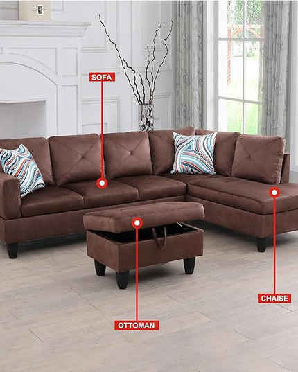 3-Piece L-Shaped Sectional Couches with 66.5'' Chaise Lounge & Storage Ottoman, 97'' Modular Living Room Sofas for Home Office Apartment, Large Living Furniture Right(Brown Microfiber) - LeafyLoom