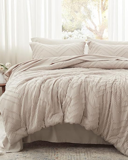 Anluoer King Bed in a Bag 7 Pieces, khaki Tufted Comforter Set with comforters and sheets, All Season Bedding Sets with 1 Comforter, 2 PillowShams, 2 Pillowcases, 1 Flat Sheet, 1 Fitted Sheet - LeafyLoom