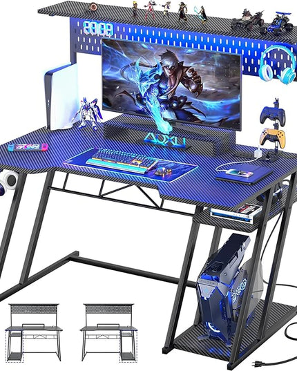 Gaming Computer Desk with Shelves and Outlets, Gaming Desk with Hutch and LED Lights, Reversible PC Gaming Desk with Pegboard, Carbon Fiber Black 47'' - LeafyLoom
