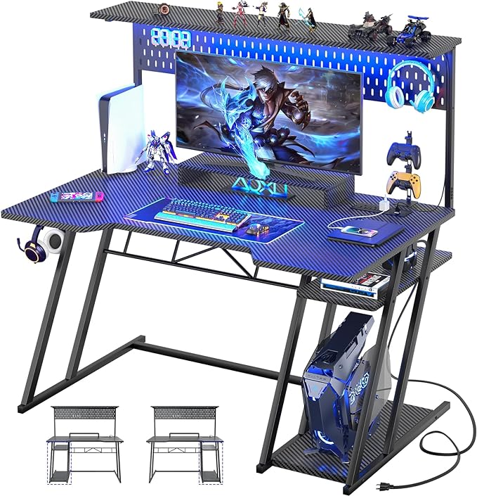 Gaming Computer Desk with Shelves and Outlets, Gaming Desk with Hutch and LED Lights, Reversible PC Gaming Desk with Pegboard, Carbon Fiber Black 47'' - LeafyLoom