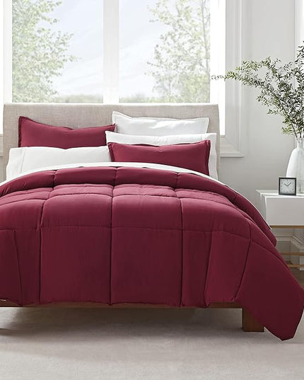 SERTA Simply Clean Ultra Soft Hypoallergenic Solid 3 Piece Comforter Set, Full/Queen, Burgundy - LeafyLoom