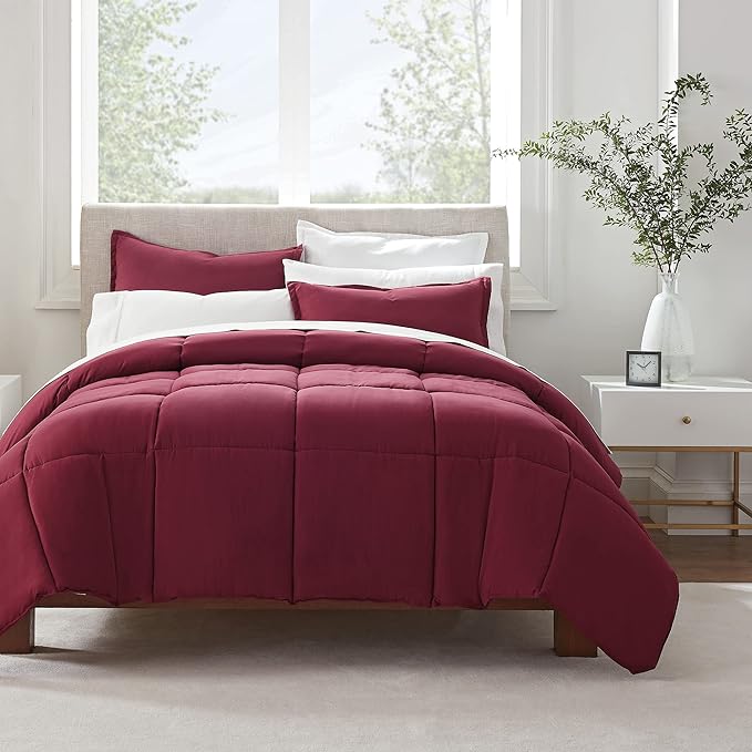 SERTA Simply Clean Ultra Soft Hypoallergenic Solid 3 Piece Comforter Set, Full/Queen, Burgundy - LeafyLoom