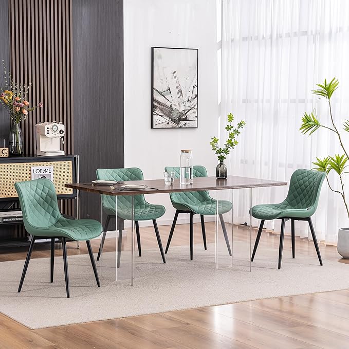 YOUTASTE Light Green Dining Chairs Set of 2 Mid Century Modern PU Leather Diamond Upholstered Accent Guest Dinner Chair with Back Metal Legs for Kitchen Living Reception Waiting Room - LeafyLoom