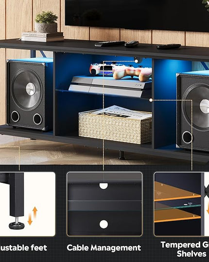 WLIVE TV Stand up to 65 Inch TV, 55" Entertainment Center with LED, Industrial TV Console with Glass Shelf for Living Room and Bedroom, Black - LeafyLoom