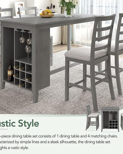 Modern Multi Functional Rubber Wood Counter Height Padded Chairs and Integrated 9 Bar Compartment, Wine Glass Holders Room, Gray, 5 Piece Dining Table Set - LeafyLoom