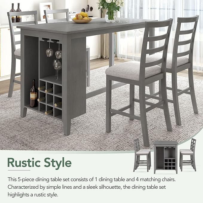Modern Multi Functional Rubber Wood Counter Height Padded Chairs and Integrated 9 Bar Compartment, Wine Glass Holders Room, Gray, 5 Piece Dining Table Set - LeafyLoom