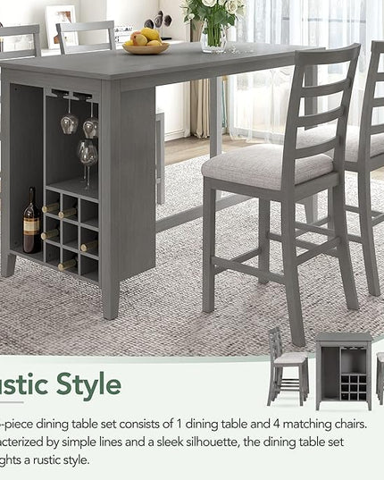 5-Piece Wooden Counter Height Dining Set, Multi-Functional Rubber Wood Table with Padded Chairs and Integrated 9 Bar Wine Compartment, Wineglass Holders for Home Living Room, Gray - LeafyLoom