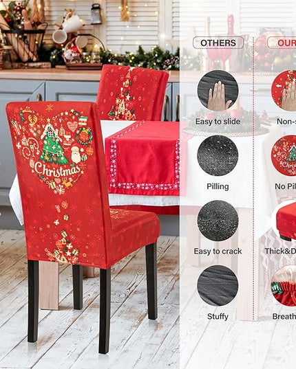 4PCS Christmas Dining Chair Covers, Stretch Removable Washable Dining Room Chair Protector Slipcovers, Xmas Tree Heart Kitchen Chair Cover, Slipcover Protector for Xmas Holiday Party Home Décor CZL