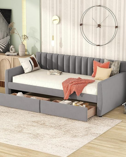 Velvet Upholstered Twin Daybed with Two Storage Drawers, Solid Wooden Sofa Bed Frame w/Vertical Stripes Designed Backrest and Pine Legs, Space-Saving Design, Gray - LeafyLoom
