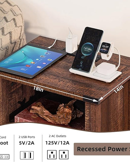 Night Stand Set of 2, 18 Inch Farmhouse Nightstand with with Charging Station and USB Port, Rustic Wood Bedside Table with Magnetic Door, Bed Side Tables for Bedroom, Reclaimed Barnwood - LeafyLoom