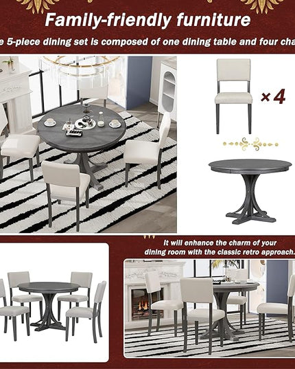 NicBex Kitchen Table Chairs Set of 4 Dining Table Set 5-Piece Retro Round Dining Table Set with Curved Trestle Style Table Legs and 4 Upholstered Chairs for Dining Room, Dark Gray - LeafyLoom