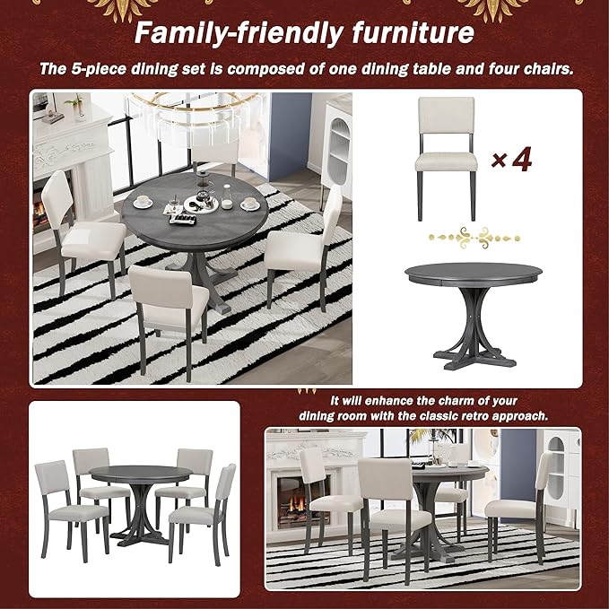 NicBex Kitchen Table Chairs Set of 4 Dining Table Set 5-Piece Retro Round Dining Table Set with Curved Trestle Style Table Legs and 4 Upholstered Chairs for Dining Room, Dark Gray - LeafyLoom