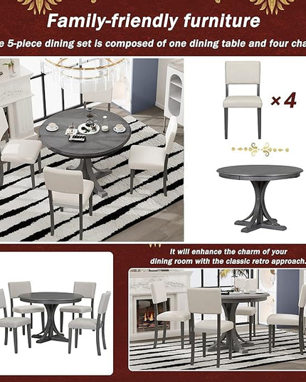Retro 5-Piece Round Dining Table Set with 4 Upholstered Chairs for Kitchen, Breakfast Nook, Living Room, Dark Gray, 44" L x 44" W x 30.2" H - LeafyLoom