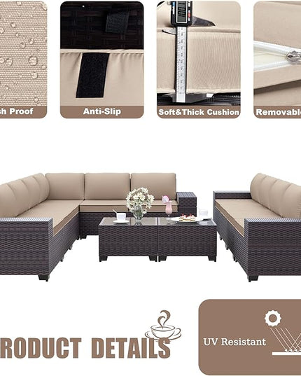 Patio Furniture Set Sofa 12-Pieces Wicker Sectional Sofa Set, Outdoor Furniture Rattan Patio Conversation Set with Thickened Cushions and Glass Coffee Table, Sand - LeafyLoom