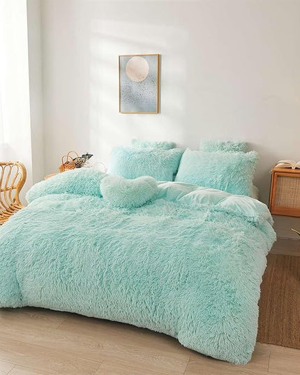 FOPPA Green fluffy Comforter Cover Set king- Ultra Soft fluffy green Bedding Sets 3 Pieces (1 Duvet Cover + 2 Pillow case) green fluffy bed set (Mint Green, King) - LeafyLoom