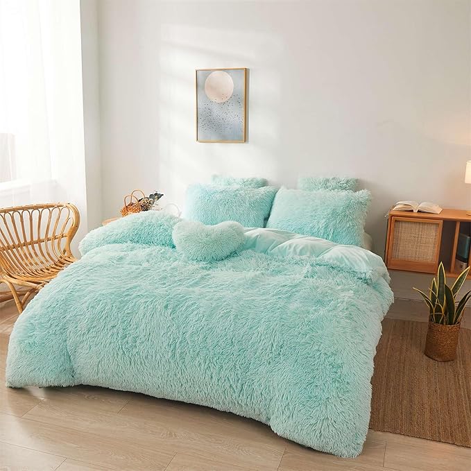 Fluffy mint green comforters Cover twin size - Ultra Soft Plush bedding Sets 2 Pieces (1 faux fur comforter Cover + 1 fuzzy pillow case) girls shaggy green twin bed set (Mint Green, Twin) - LeafyLoom