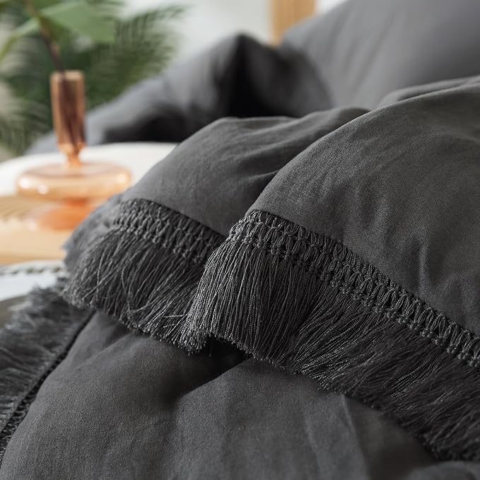 Andency Full Size Comforter Set Dark Grey, 3 Pieces Boho Lightweight Bedding Comforters & Sets, All Season Soft Tassel Bed Set (78x90In Comforter & 1 Pillowcase) - LeafyLoom