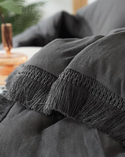 Andency Comforter King Size Bed Set Dark Grey, 3 Pieces Boho Lightweight Winter Bedding Comforters & Sets, All Season Soft Tassel Bed Set (104x90In Comforter & 2 Pillowcases) - LeafyLoom
