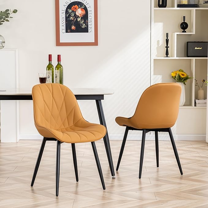 YOUNIKE Dining Chairs Set of 2, Saffron Tan Comfy Padded Kitchen Chairs, Armless Modern Faux Leather Upholstered Dining Room Chairs, Elegant Dinning Chairs Side Chairs, Loads up to 300LBS - LeafyLoom
