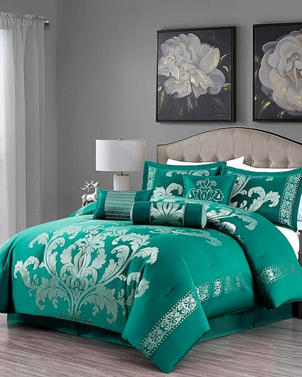 Chezmoi Collection 7-Piece Jacquard Floral Comforter Set (King, Green/Silver) - LeafyLoom