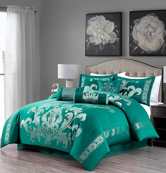 Chezmoi Collection 7-Piece Jacquard Floral Comforter Set (King, Green/Silver) - LeafyLoom