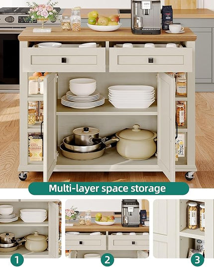YITAHOME Kitchen Island with Storage Cabinet, Rolling Kitchen Cart on Wheels, Americana Kitchen Island Cabinet with Open Shelves for Kitchen Dining Room, Thicker Rubberwood Top, Off White - LeafyLoom