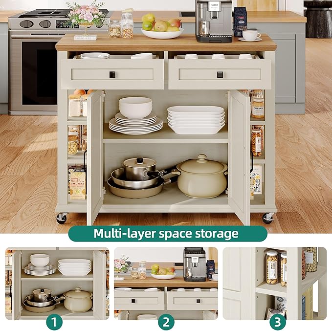 YITAHOME Kitchen Island with Storage Cabinet, Rolling Kitchen Cart on Wheels, Americana Kitchen Island Cabinet with Open Shelves for Kitchen Dining Room, Thicker Rubberwood Top, Off White - LeafyLoom