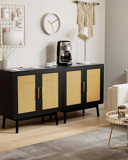 Accent Storage Cabinet with Rattan Decor Doors, Buffet Cabinet with Storage, Sideboard Cabinet for Hallway, Entry, Living Room, Black - LeafyLoom