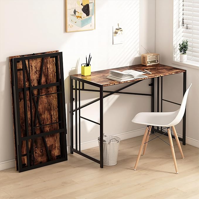 EMODA 40 inch Folding Desk No Assembly Needed Home Office Desk Study Writing Gaming Computer Table, Rustic Brown - LeafyLoom