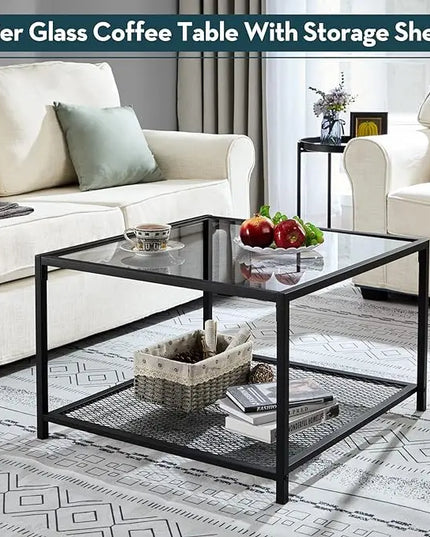 SAYGOER Coffee Table with Storage Modern Glass Coffee Tables Square Industrial Simple Center Table for Living Room Home Office Small Space 27.6 x 27.6 x 17.7 Inches Easy Assembly Gray Black - LeafyLoom