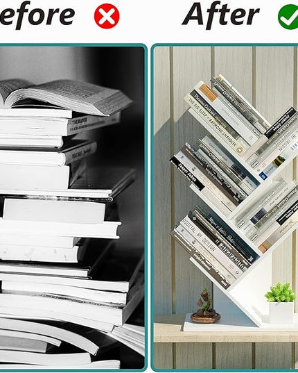 5 Tier Small Tree Bookshelf Desk Book Organizer Narrow Bookcases for Books Magazines CDs Free Standing Retro Wooden Storage Shelves for Home Office Bedroom Living Room White - LeafyLoom