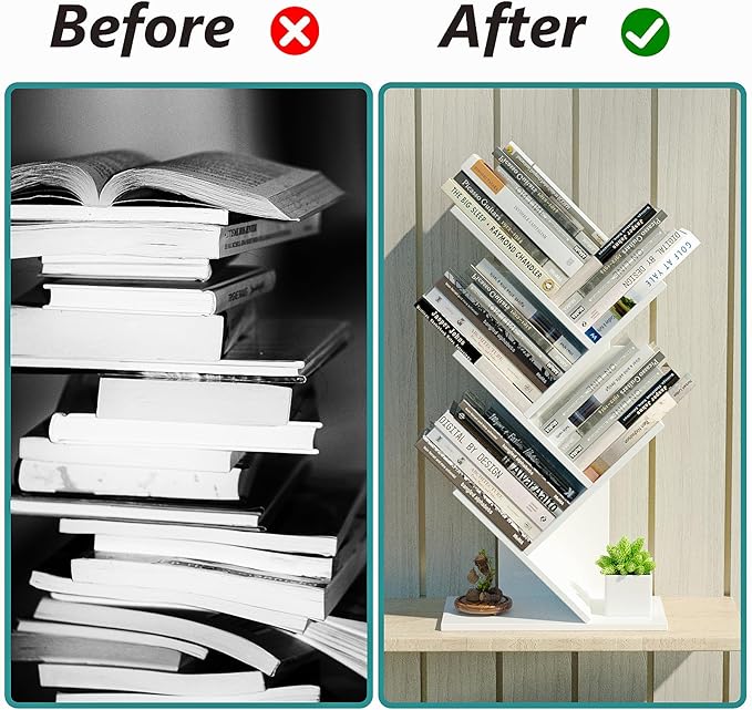 5 Tier Small Tree Bookshelf Desk Book Organizer Narrow Bookcases for Books Magazines CDs Free Standing Retro Wooden Storage Shelves for Home Office Bedroom Living Room White - LeafyLoom