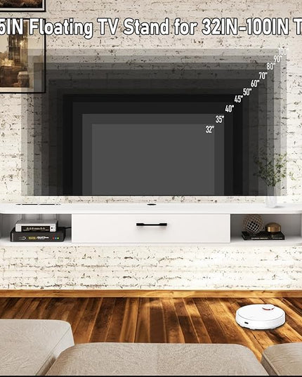 Floating TV Unit, 95'' Wall Mounted TV Cabinet, Floating Shelves with Door, Modern Entertainment Media Console Center Large Storage TV Bench for Living Room & Office (94.49IN, White) - LeafyLoom