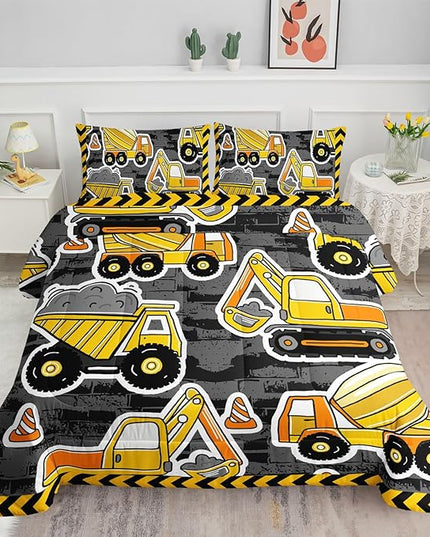 Datura home Kids Construction Truck Comforter Set for Boys Kids,Excavators Truck Machinery Vehicles Tractor Printed Bedding Set with 1 Comforter and 2 Pillowcases(Truck Yellow Twin) ,Twin 68x86inches - LeafyLoom