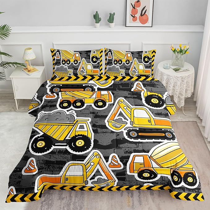 Datura home Kids Construction Truck Comforter Set for Boys Kids,Excavators Truck Machinery Vehicles Tractor Printed Bedding Set with 1 Comforter and 2 Pillowcases(Truck Yellow Twin) ,Twin 68x86inches - LeafyLoom